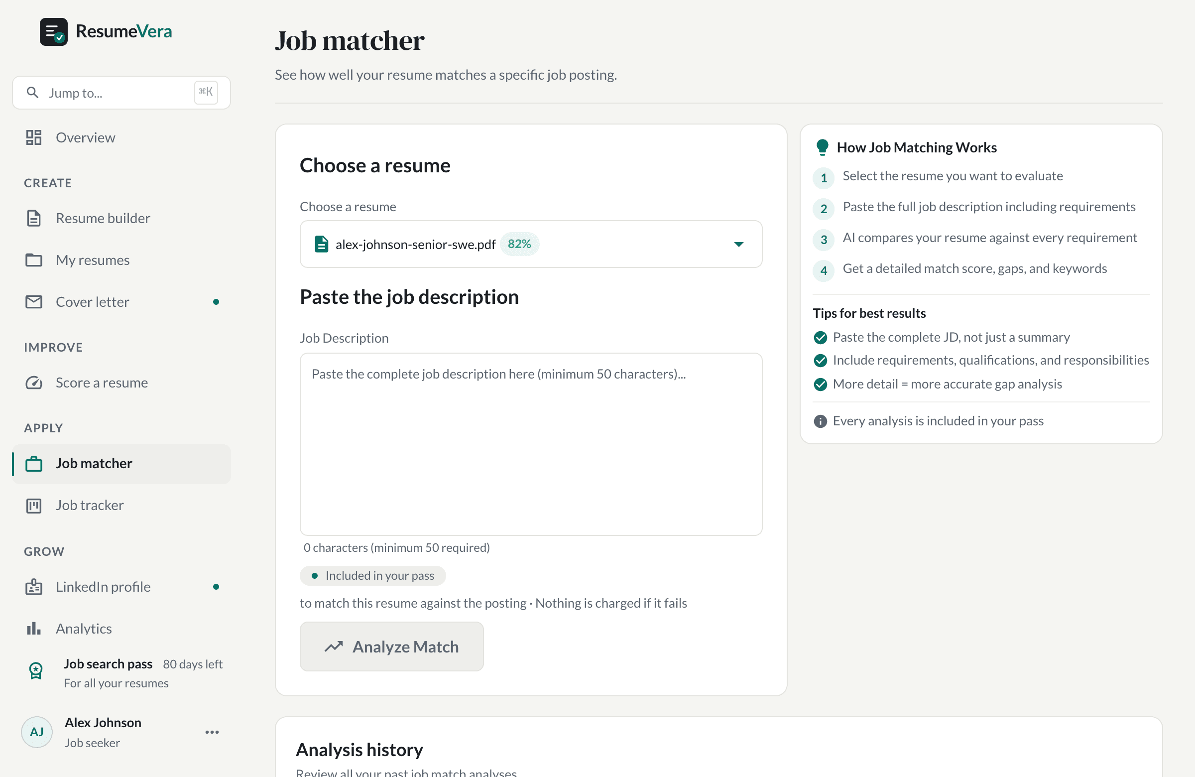 The job matcher: choose a resume, paste a posting, and get a match score with gaps.