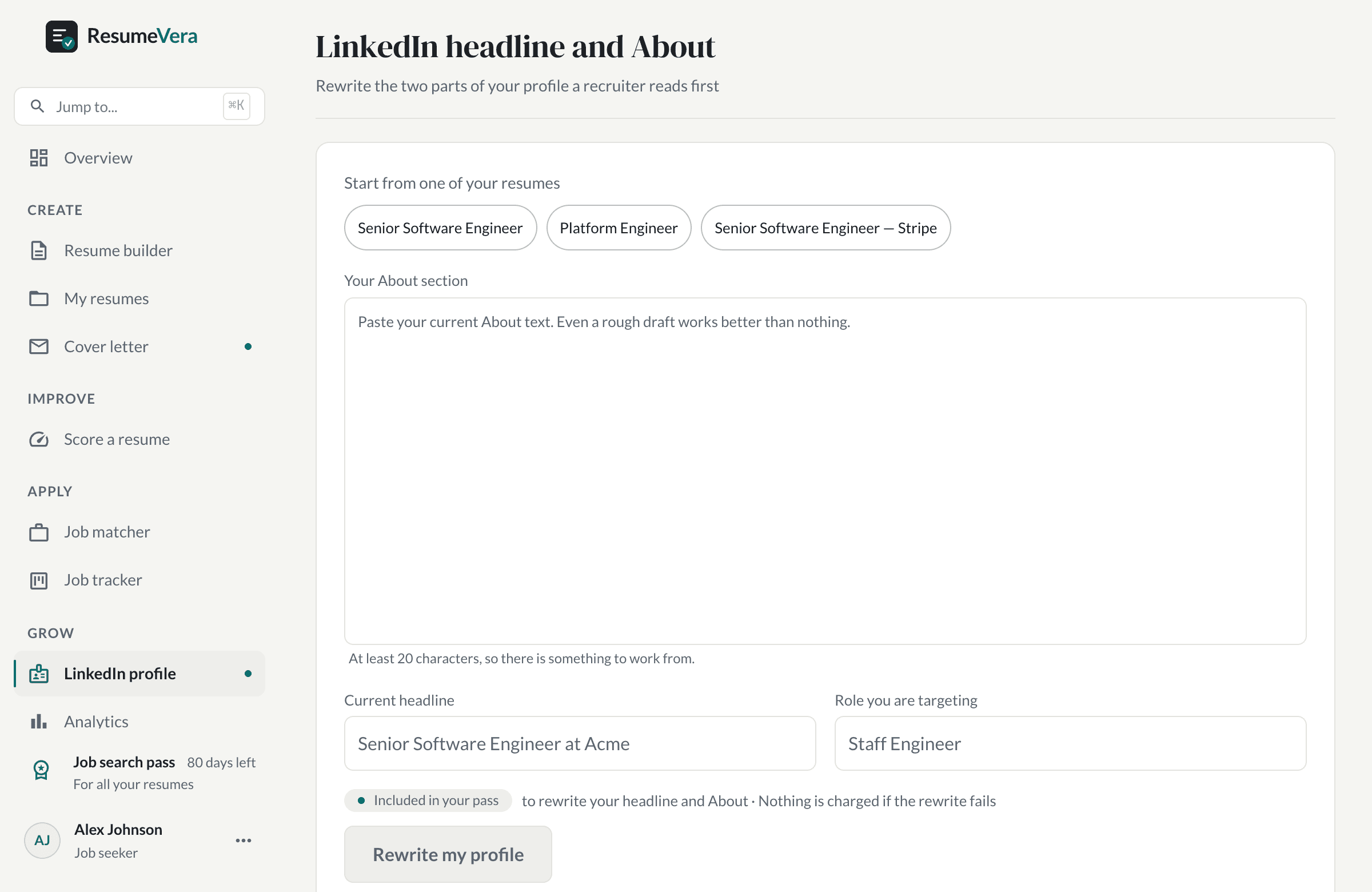 The LinkedIn screen: paste your About section and target role, and get both rewritten.