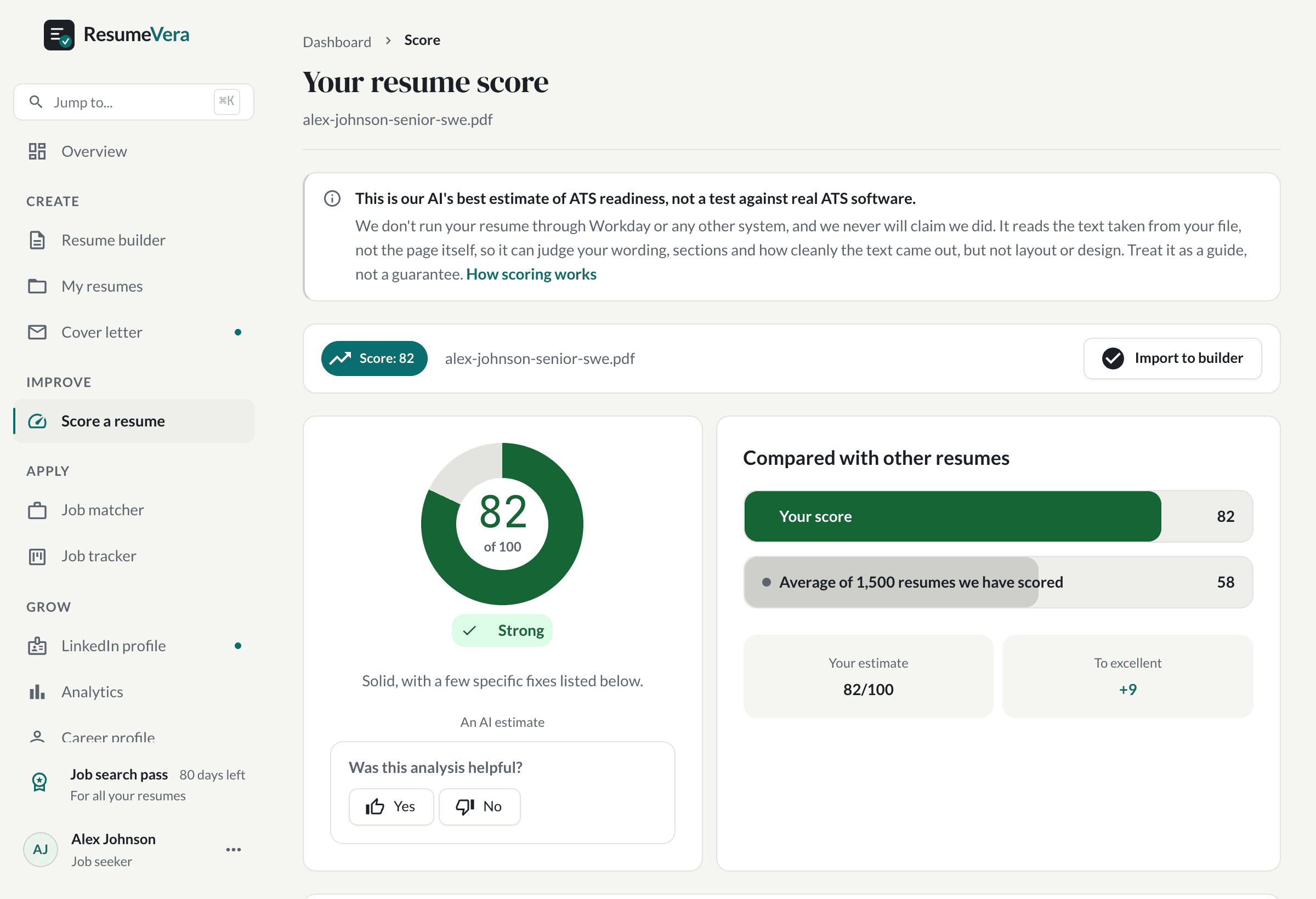 The score page: an overall score beside a section-by-section breakdown and specific fixes.
