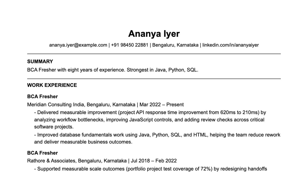 The top of a BCA fresher resume: contact details, a two-line summary, and the first role with two quantified achievements.