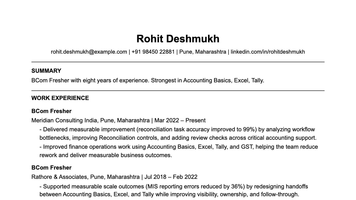 The top of a BCom fresher resume: contact details, a two-line summary, and the first role with two quantified achievements.