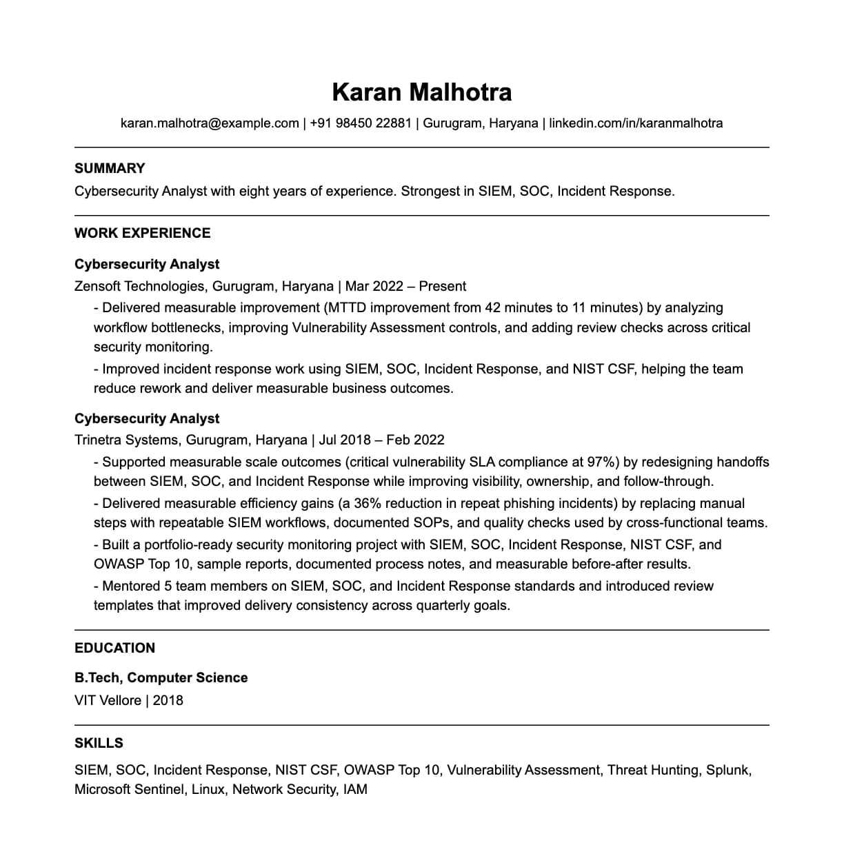 A complete one-page cybersecurity analyst resume: contact line, summary, two roles with quantified achievements, education and a skills list.