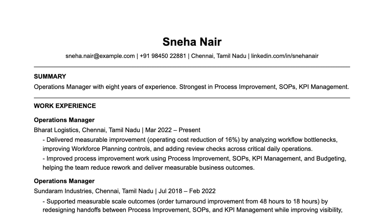 The top of an operations manager resume: contact details, a two-line summary, and the first role with two quantified achievements.