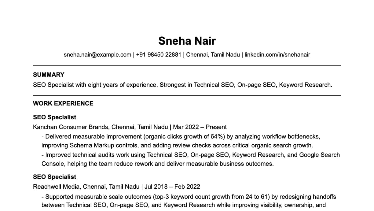The top of an SEO specialist resume: contact details, a two-line summary, and the first role with two quantified achievements.