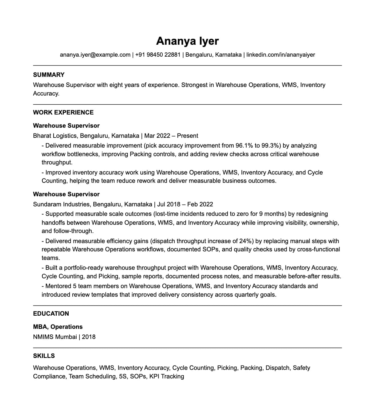 A complete one-page warehouse supervisor resume: contact line, summary, two roles with quantified achievements, education and a skills list.