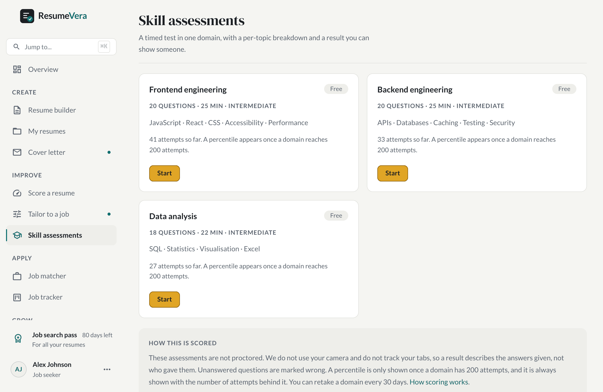 The skill assessments list, showing domains with question counts and durations.