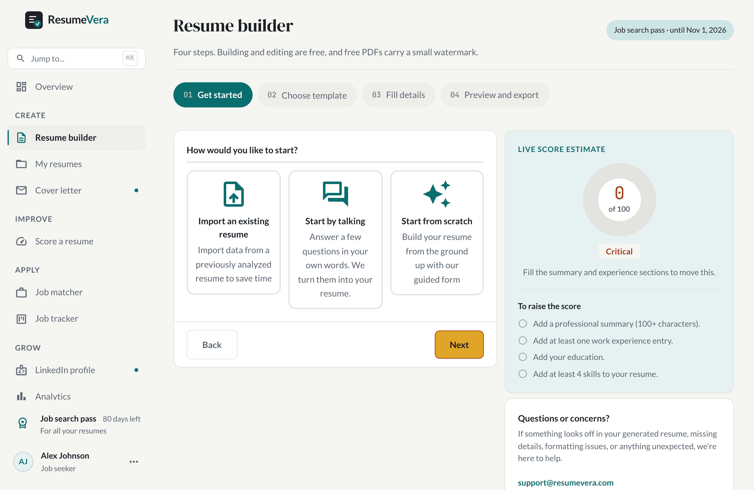 The first step of the resume builder, offering to import an existing file or start a new draft.