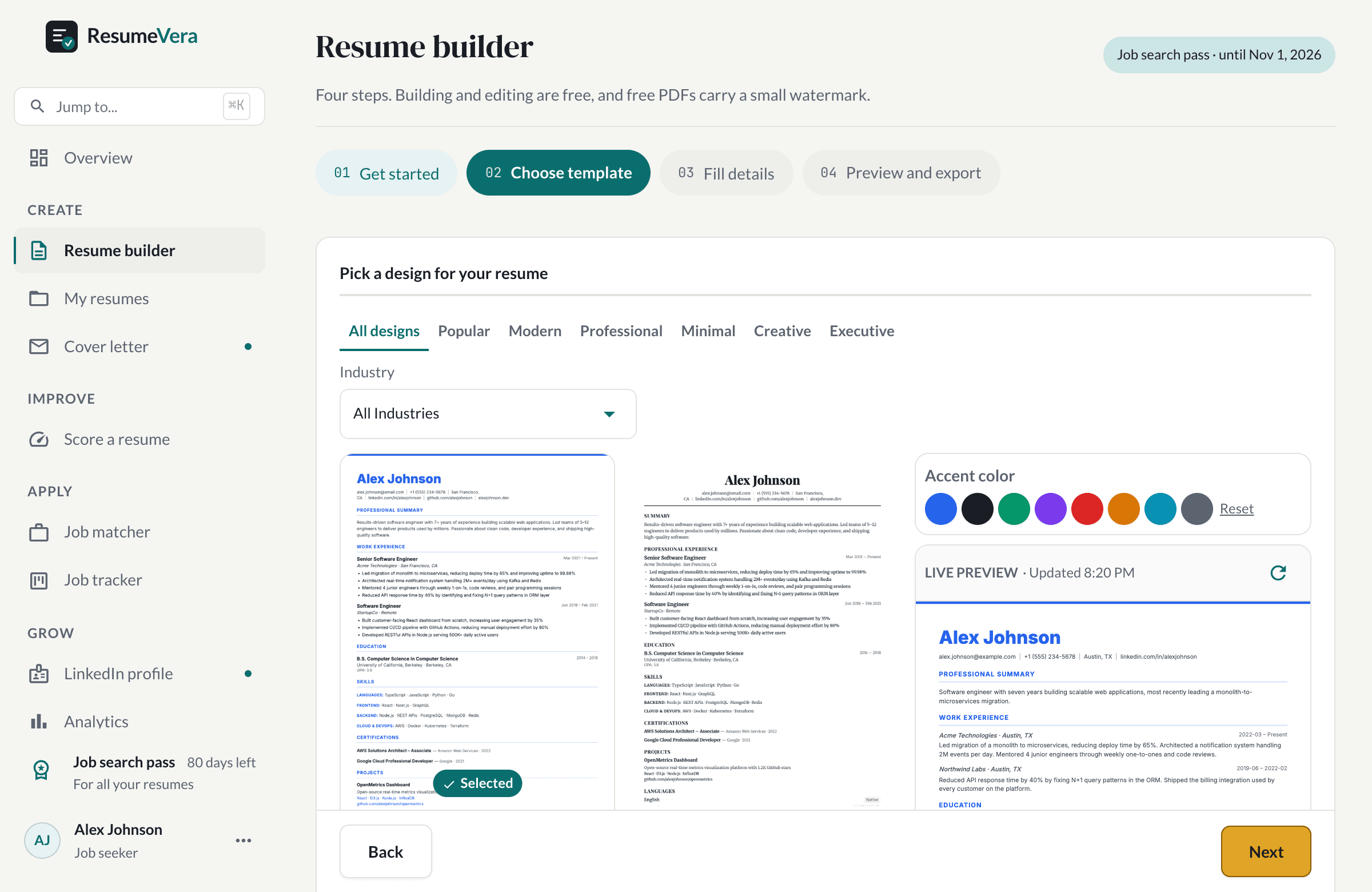 The template chooser, showing real resume templates in a filterable gallery beside a live preview.