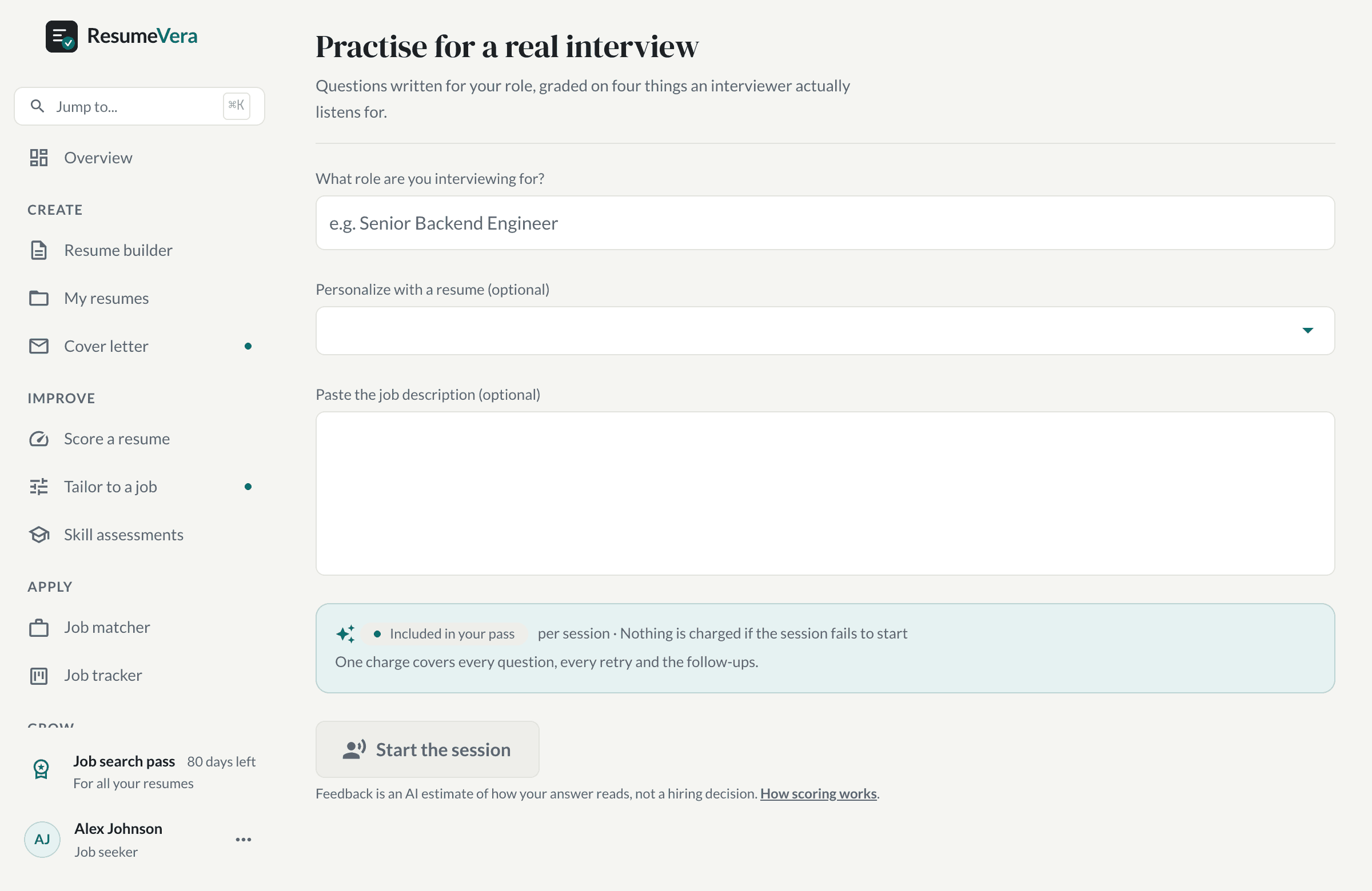 The mock interview screen, where a session is set up against a role.