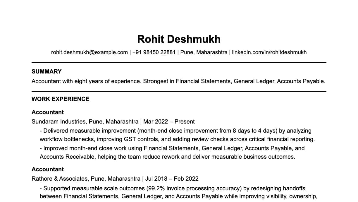 The top of an accountant resume: contact details, a two-line summary, and the first role with two quantified achievements.