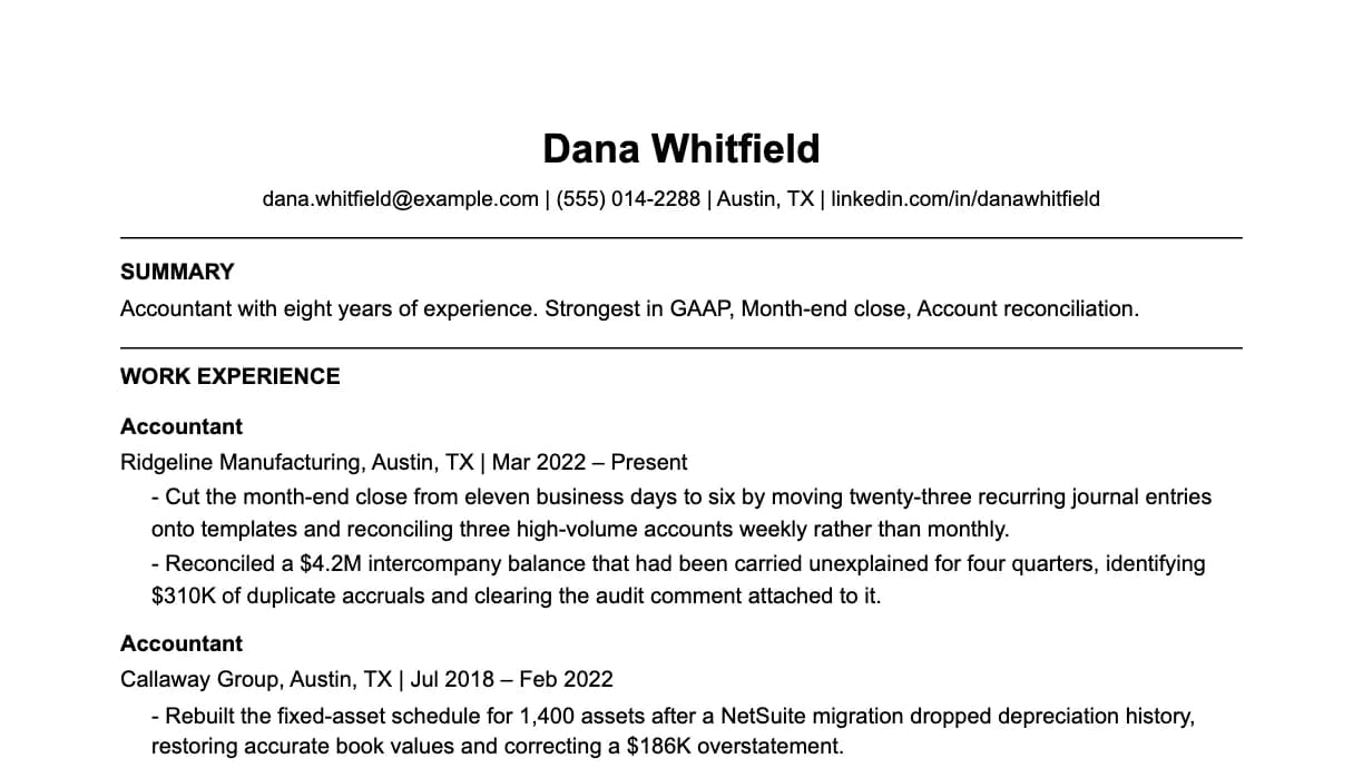 The top of an accountant resume: contact details, a two-line summary, and the first role with two quantified achievements.