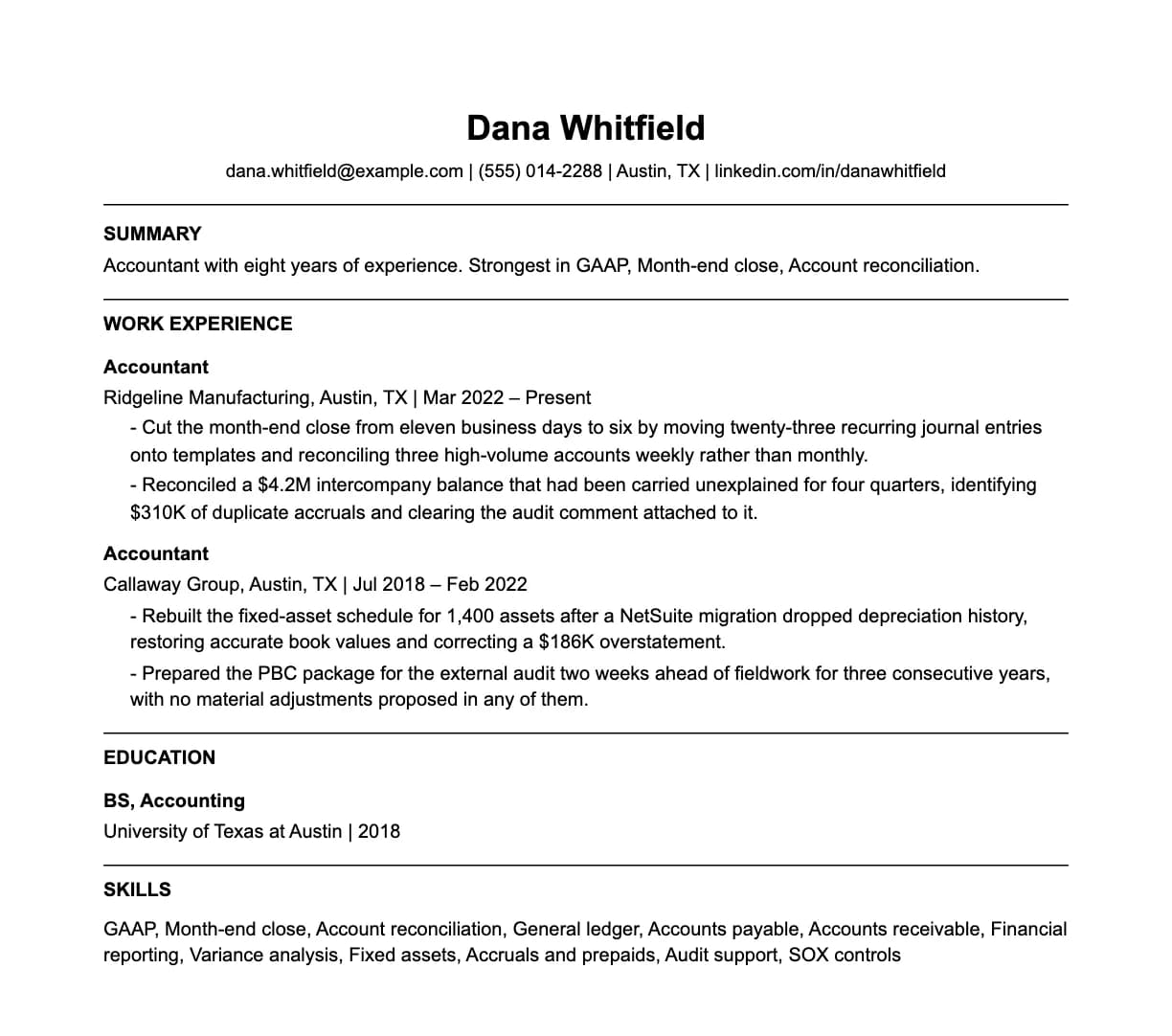 A complete one-page accountant resume: contact line, summary, two roles with quantified achievements, education and a skills list.
