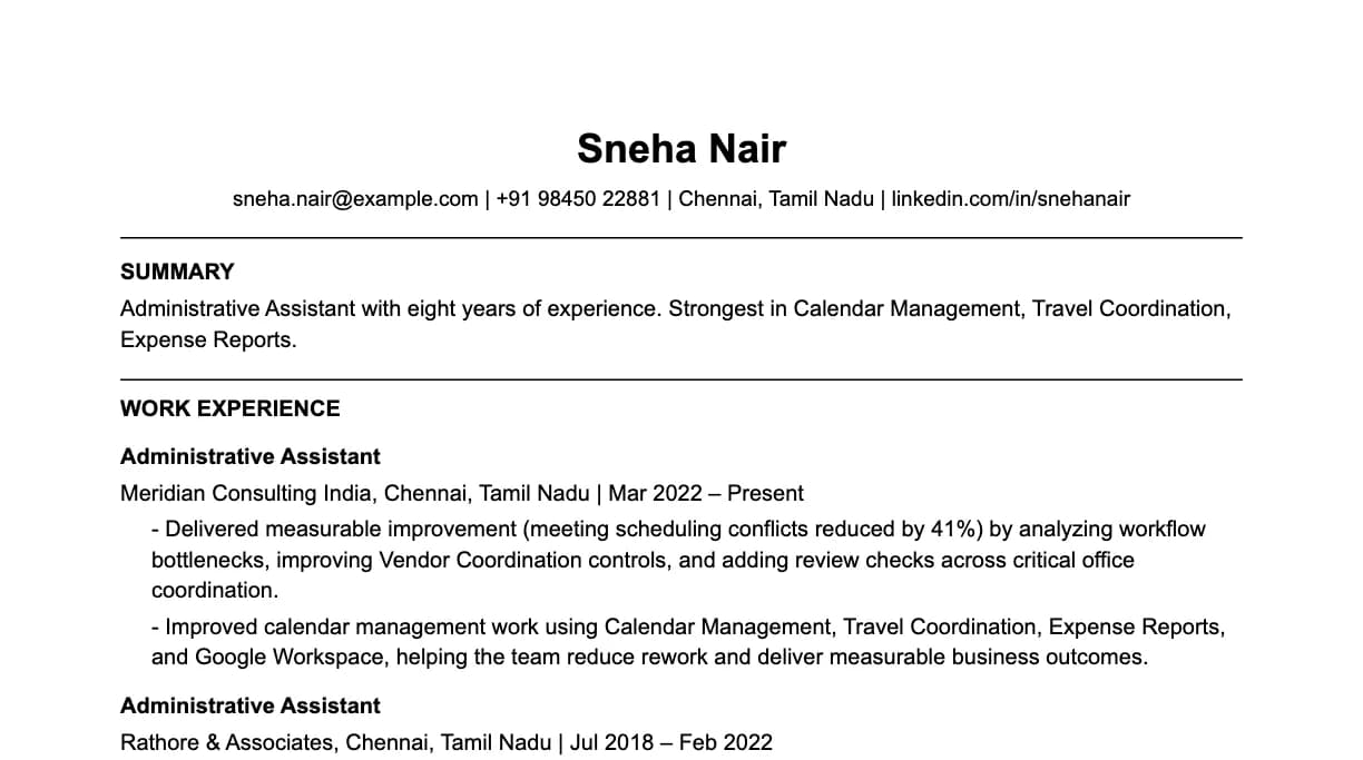 The top of an administrative assistant resume: contact details, a two-line summary, and the first role with two quantified achievements.
