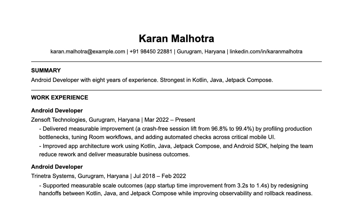 The top of an android developer resume: contact details, a two-line summary, and the first role with two quantified achievements.