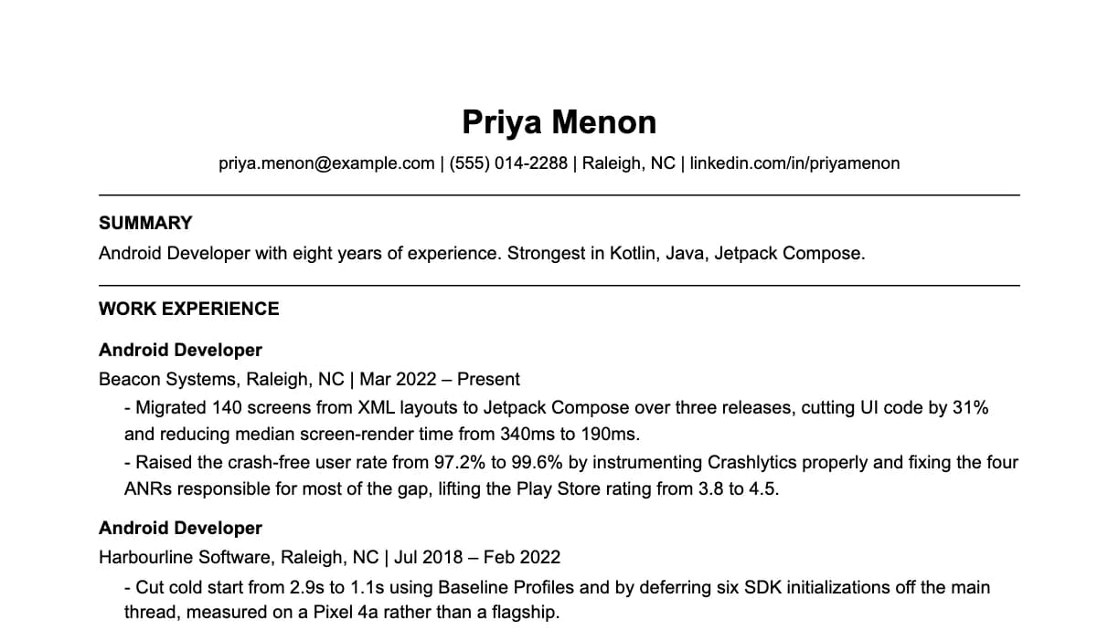 The top of an android developer resume: contact details, a two-line summary, and the first role with two quantified achievements.