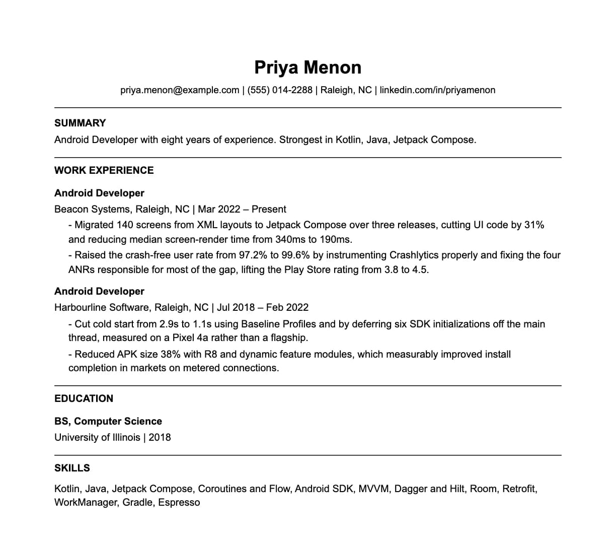 A complete one-page android developer resume: contact line, summary, two roles with quantified achievements, education and a skills list.