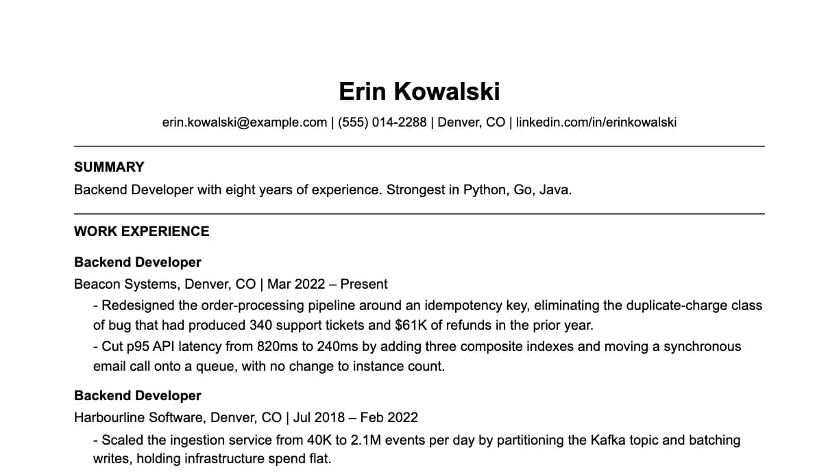 The top of a backend developer resume: contact details, a two-line summary, and the first role with two quantified achievements.