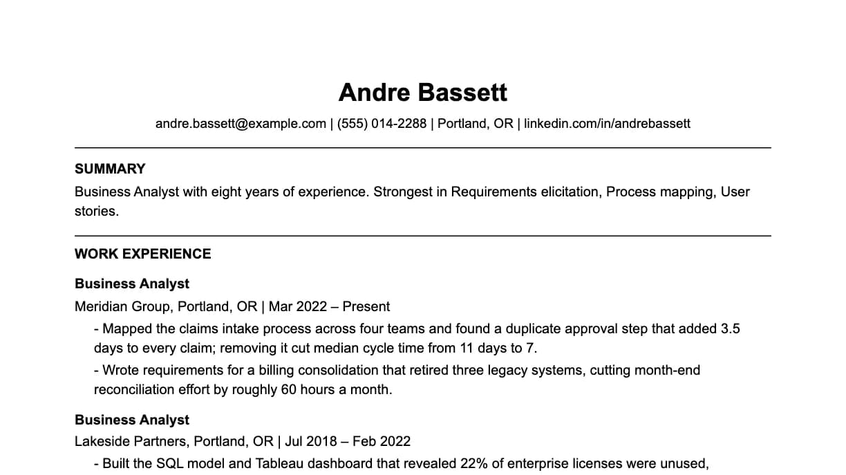 The top of a business analyst resume: contact details, a two-line summary, and the first role with two quantified achievements.