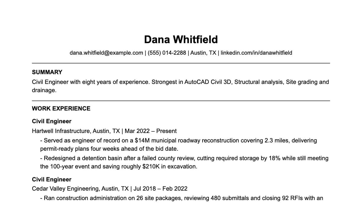 The top of a civil engineer resume: contact details, a two-line summary, and the first role with two quantified achievements.