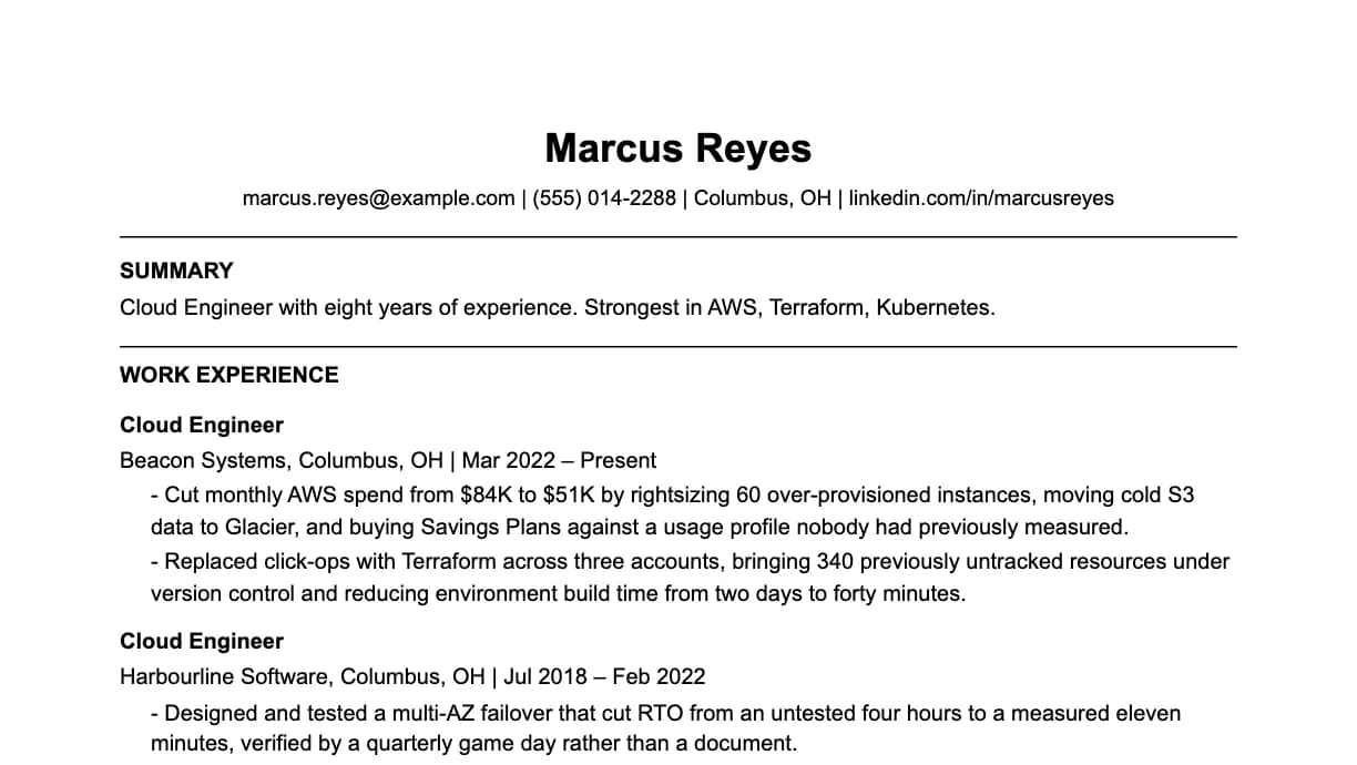 The top of a cloud engineer resume: contact details, a two-line summary, and the first role with two quantified achievements.