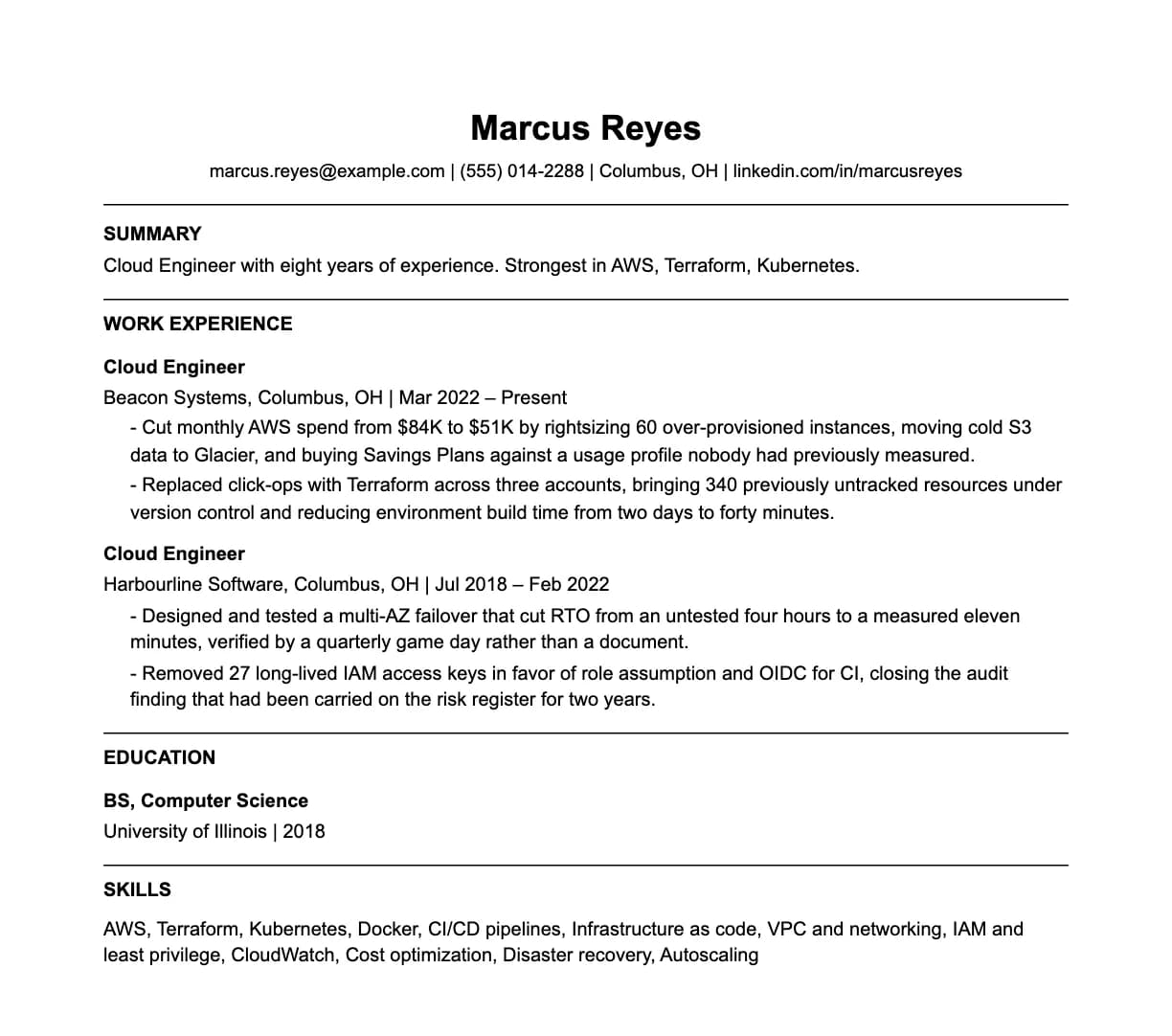 A complete one-page cloud engineer resume: contact line, summary, two roles with quantified achievements, education and a skills list.