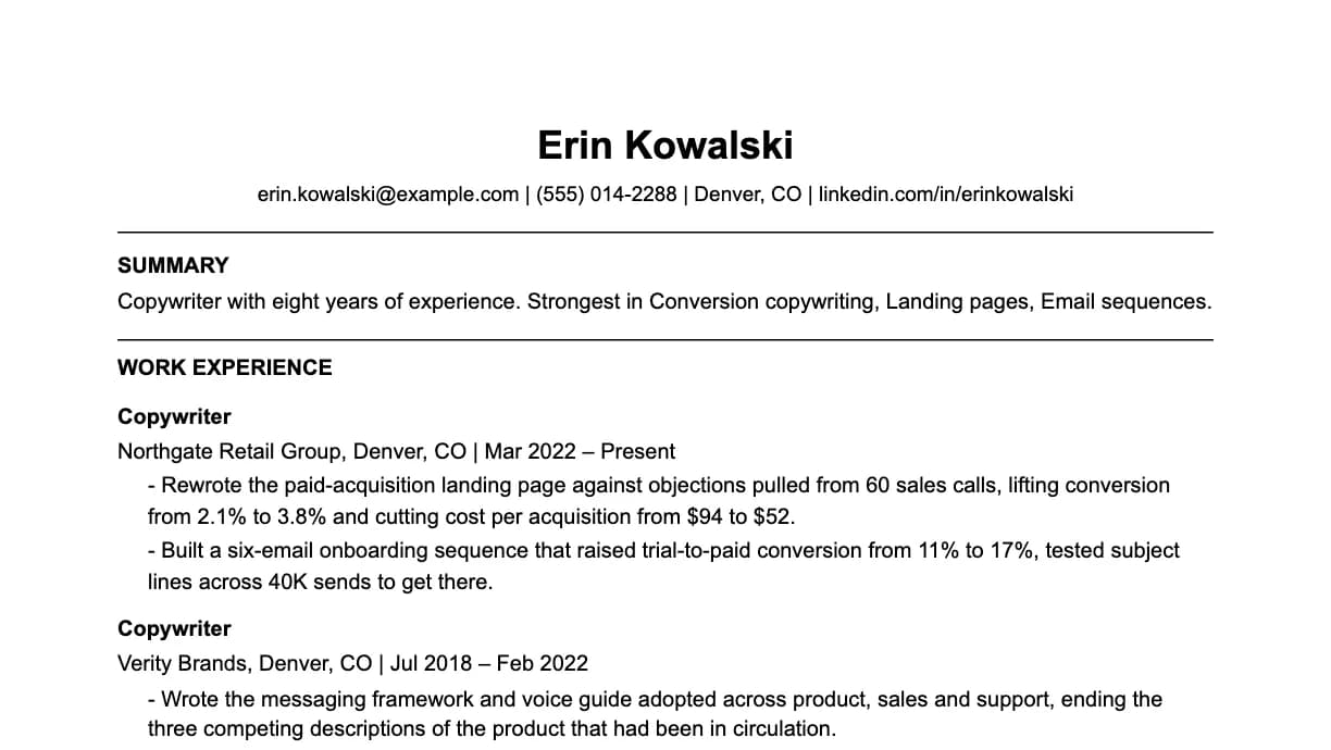The top of a copywriter resume: contact details, a two-line summary, and the first role with two quantified achievements.