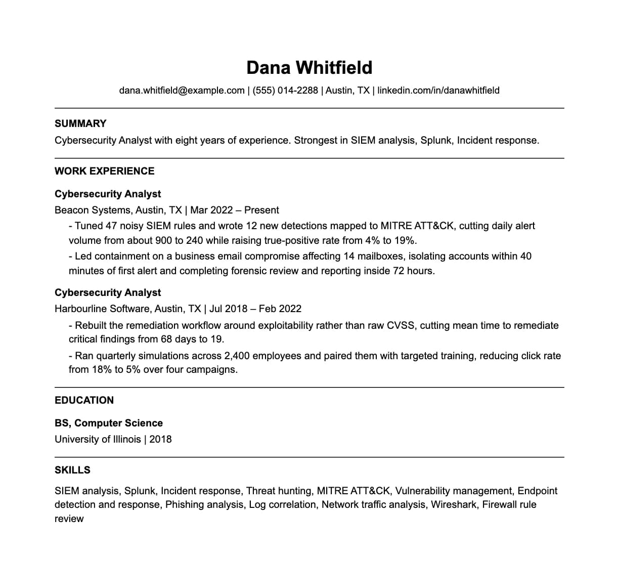 A complete one-page cybersecurity analyst resume: contact line, summary, two roles with quantified achievements, education and a skills list.