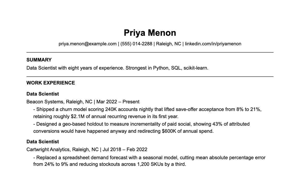 The top of a data scientist resume: contact details, a two-line summary, and the first role with two quantified achievements.