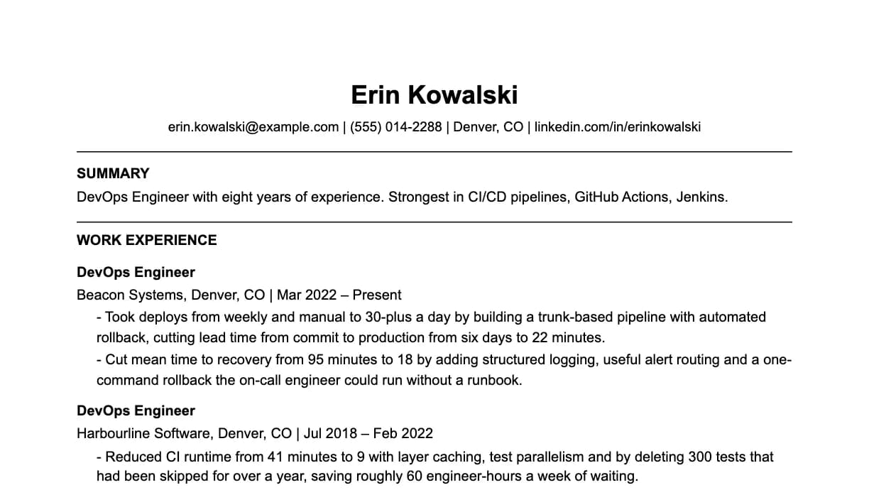 The top of a DevOps engineer resume: contact details, a two-line summary, and the first role with two quantified achievements.