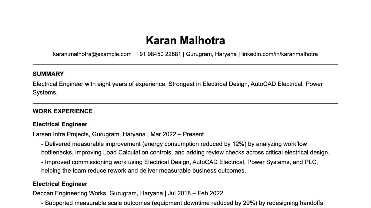 The top of an electrical engineer resume: contact details, a two-line summary, and the first role with two quantified achievements.