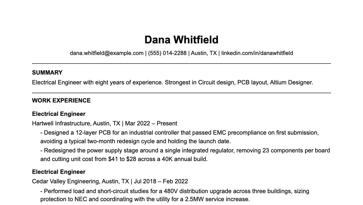 The top of an electrical engineer resume: contact details, a two-line summary, and the first role with two quantified achievements.