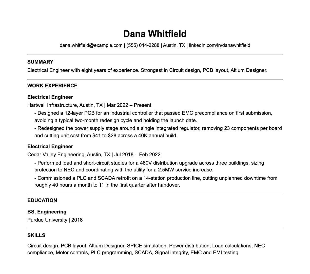A complete one-page electrical engineer resume: contact line, summary, two roles with quantified achievements, education and a skills list.