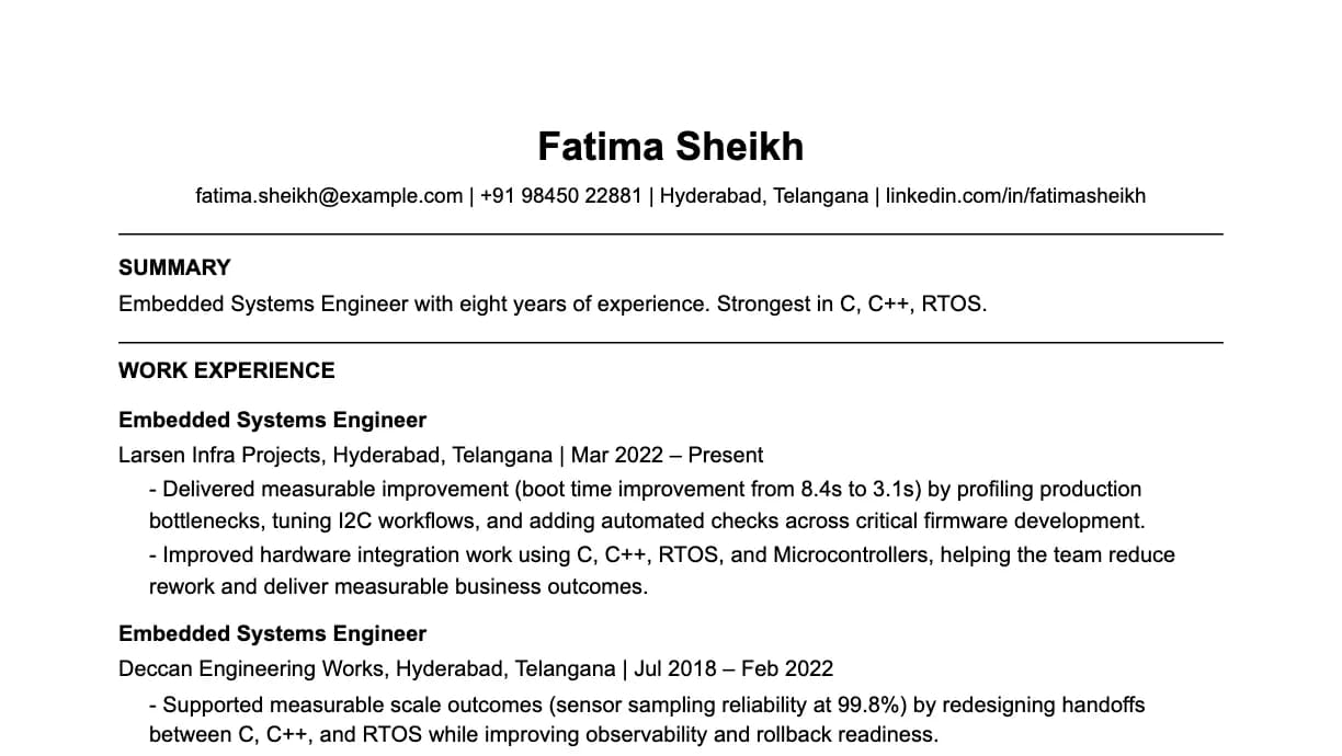 The top of an embedded systems engineer resume: contact details, a two-line summary, and the first role with two quantified achievements.