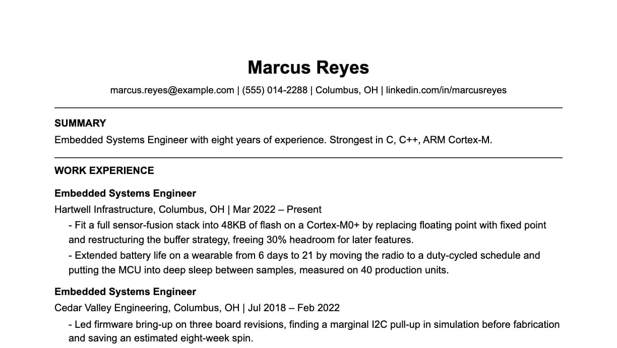The top of an embedded systems engineer resume: contact details, a two-line summary, and the first role with two quantified achievements.