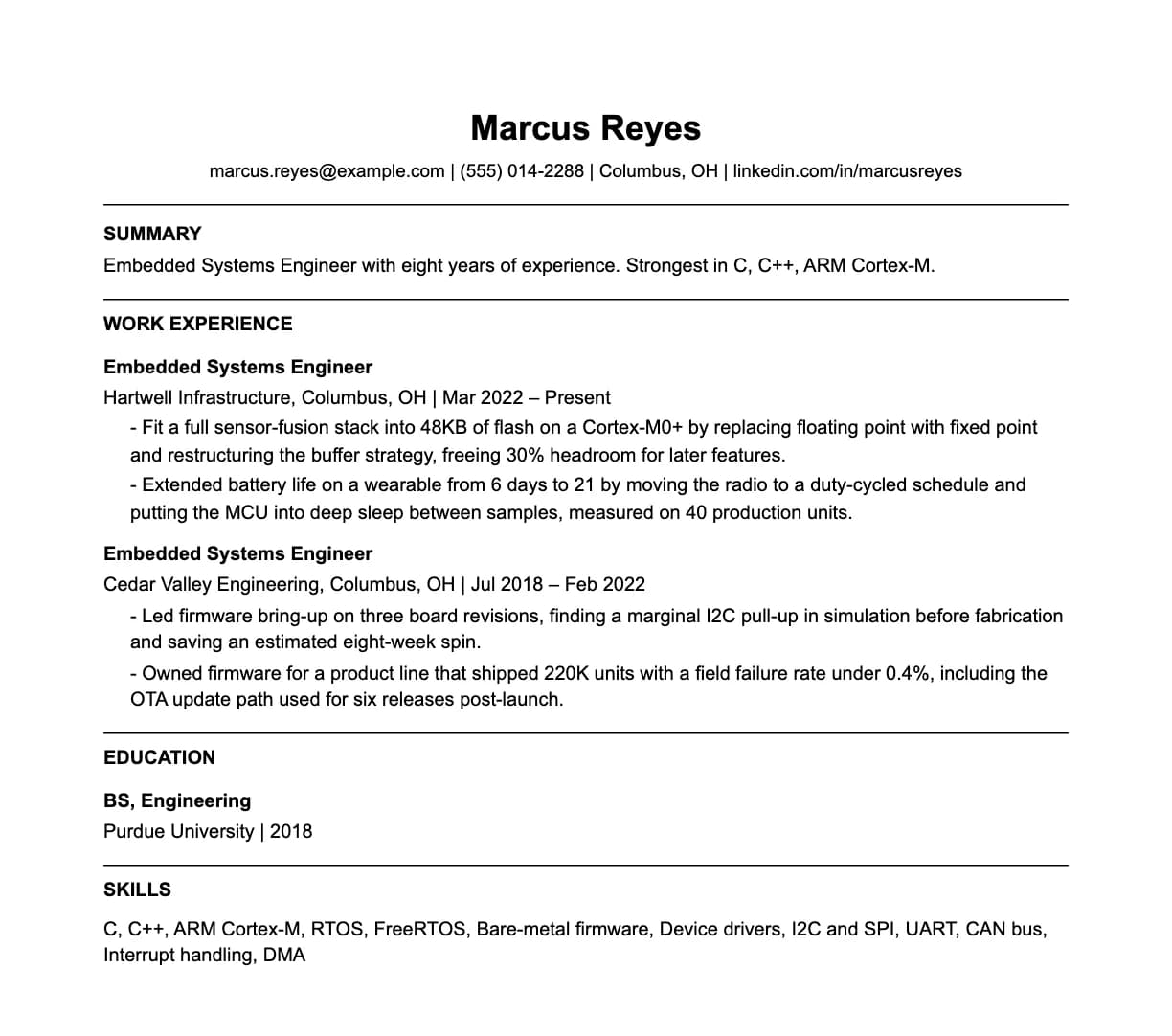 A complete one-page embedded systems engineer resume: contact line, summary, two roles with quantified achievements, education and a skills list.