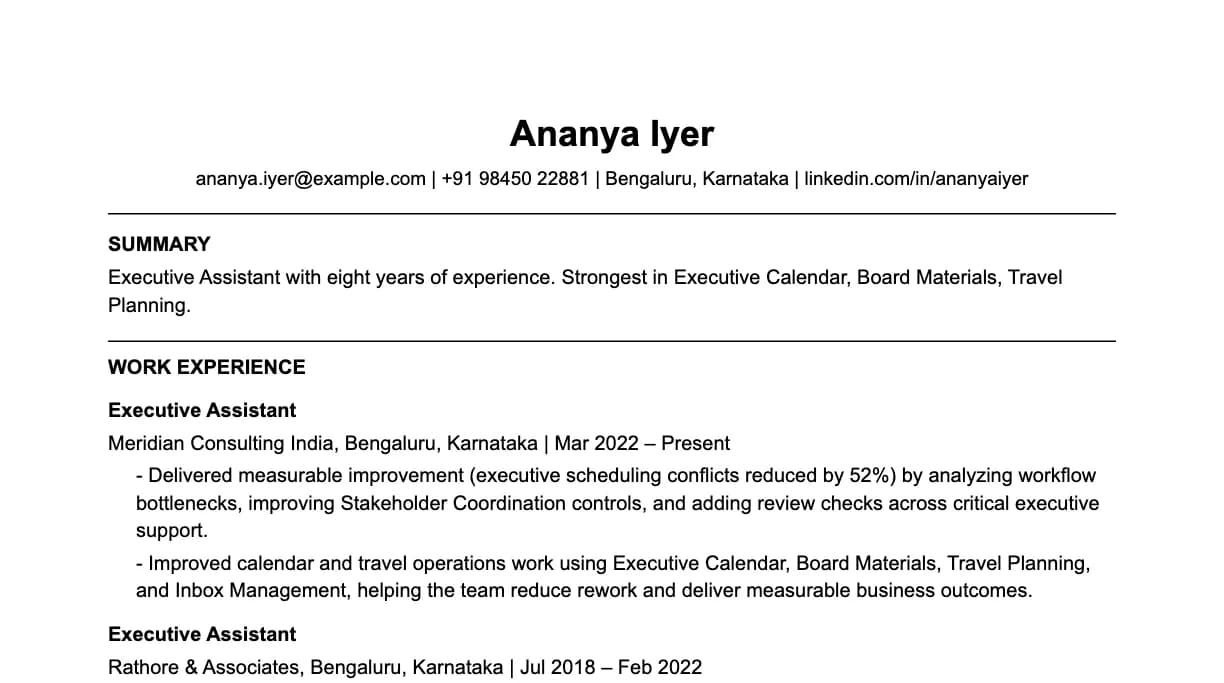 The top of an executive assistant resume: contact details, a two-line summary, and the first role with two quantified achievements.