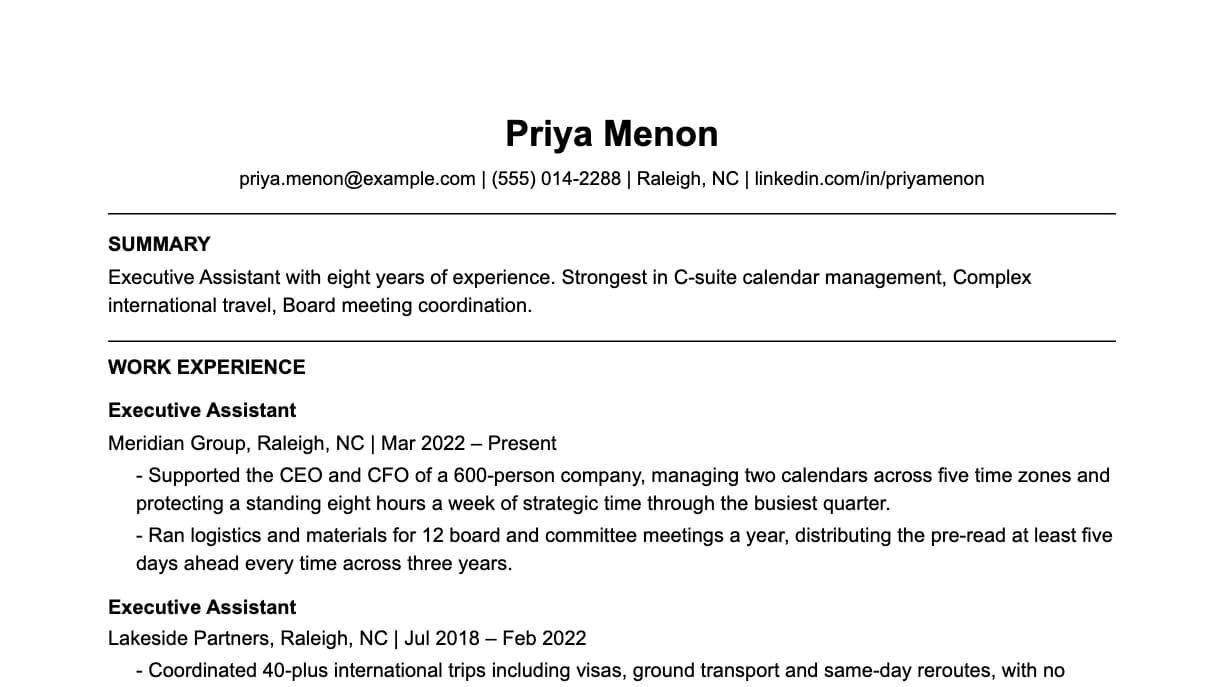 The top of an executive assistant resume: contact details, a two-line summary, and the first role with two quantified achievements.