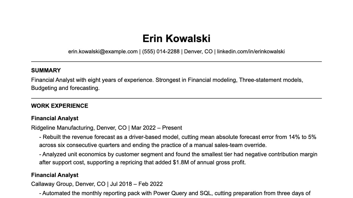 The top of a financial analyst resume: contact details, a two-line summary, and the first role with two quantified achievements.