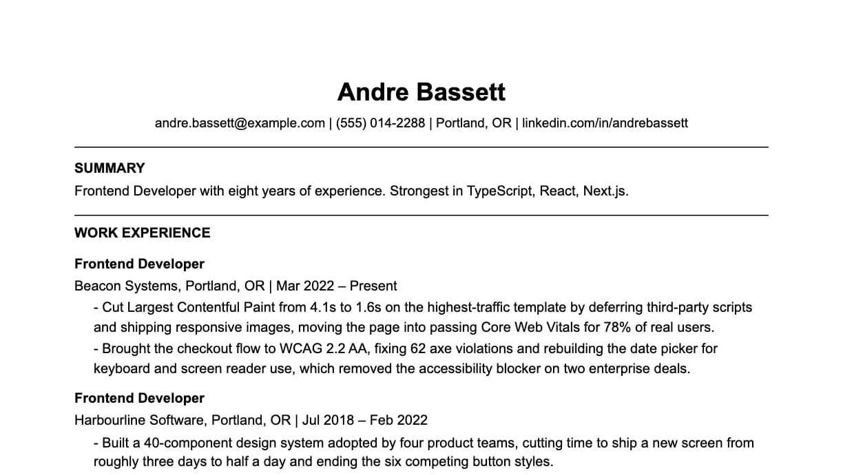 The top of a frontend developer resume: contact details, a two-line summary, and the first role with two quantified achievements.