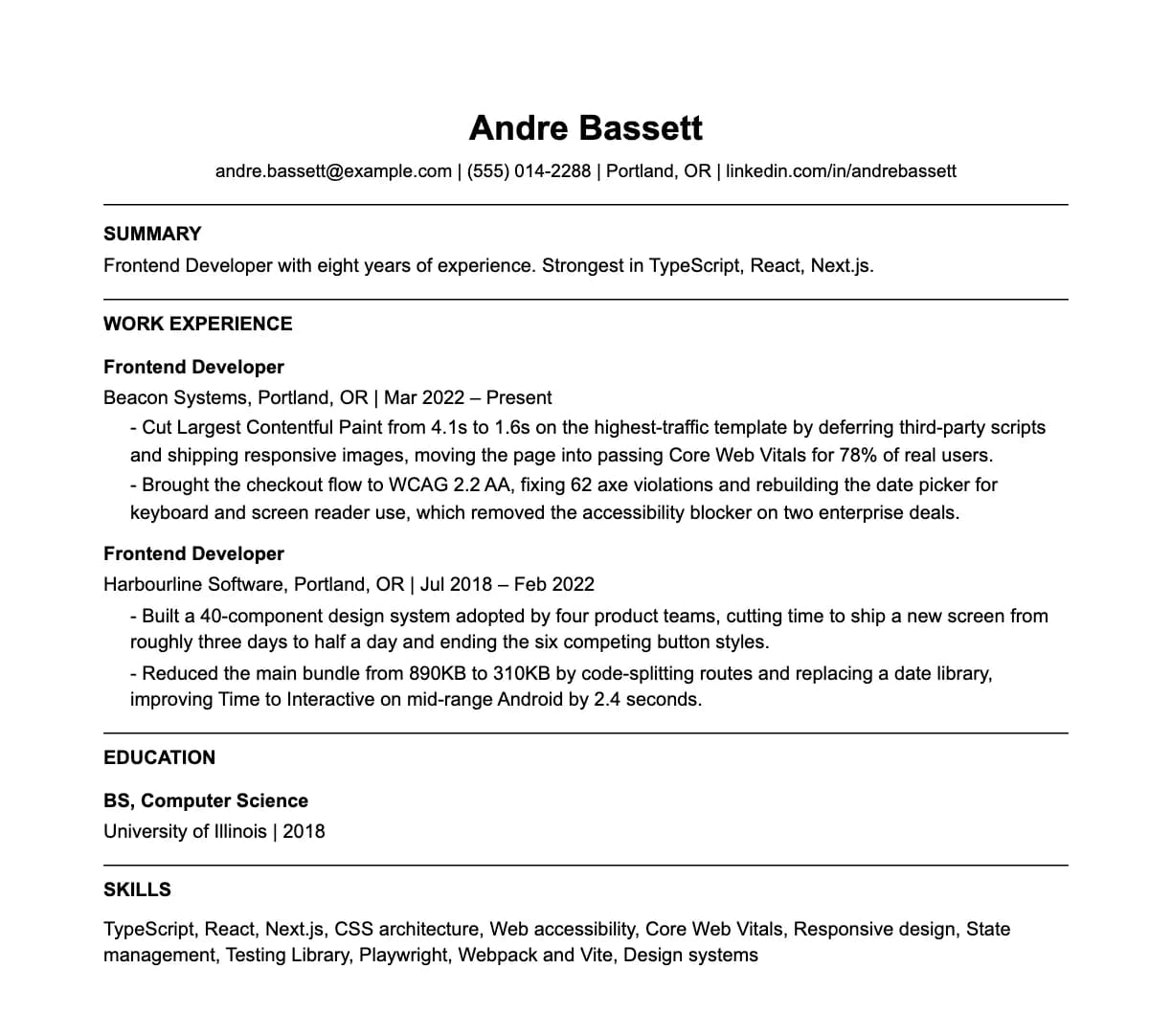 A complete one-page frontend developer resume: contact line, summary, two roles with quantified achievements, education and a skills list.
