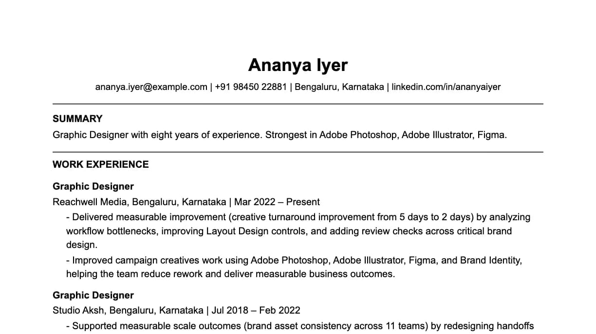 The top of a graphic designer resume: contact details, a two-line summary, and the first role with two quantified achievements.