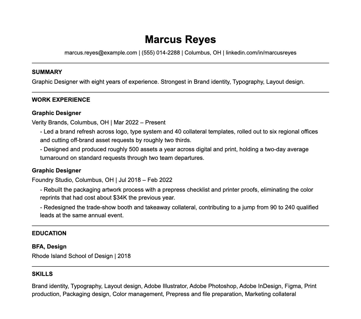 A complete one-page graphic designer resume: contact line, summary, two roles with quantified achievements, education and a skills list.
