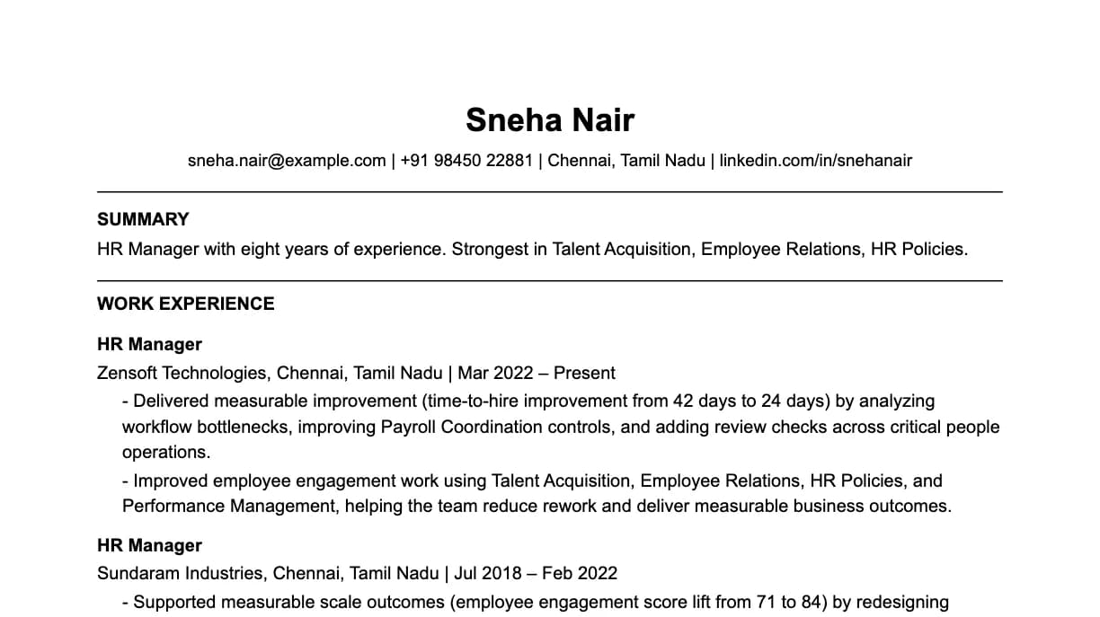 The top of an HR manager resume: contact details, a two-line summary, and the first role with two quantified achievements.