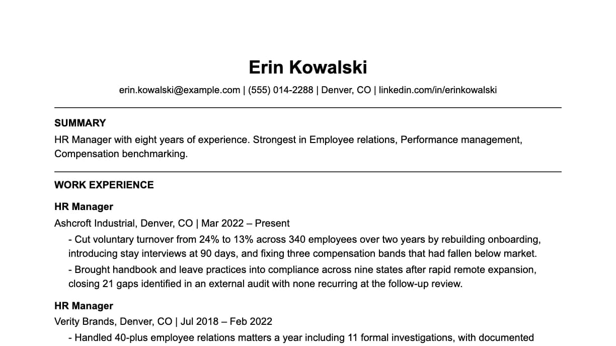 The top of an HR manager resume: contact details, a two-line summary, and the first role with two quantified achievements.