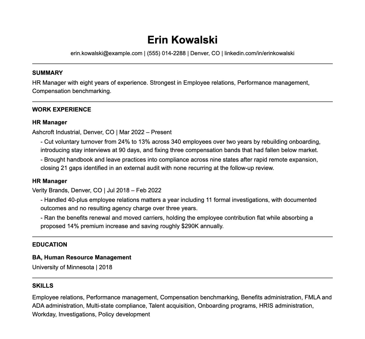 A complete one-page hr manager resume: contact line, summary, two roles with quantified achievements, education and a skills list.