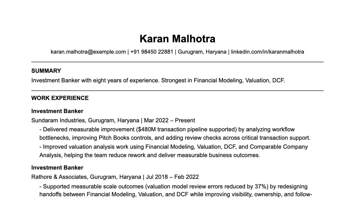 The top of an investment banker resume: contact details, a two-line summary, and the first role with two quantified achievements.