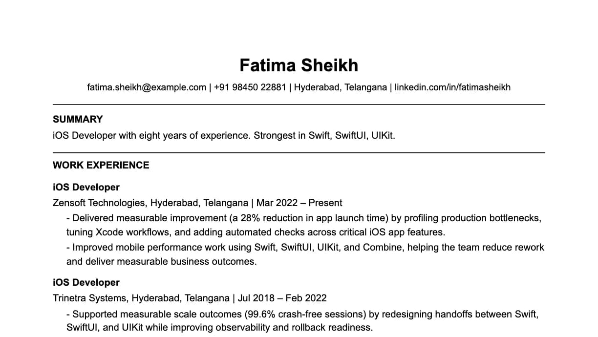 The top of an iOS developer resume: contact details, a two-line summary, and the first role with two quantified achievements.