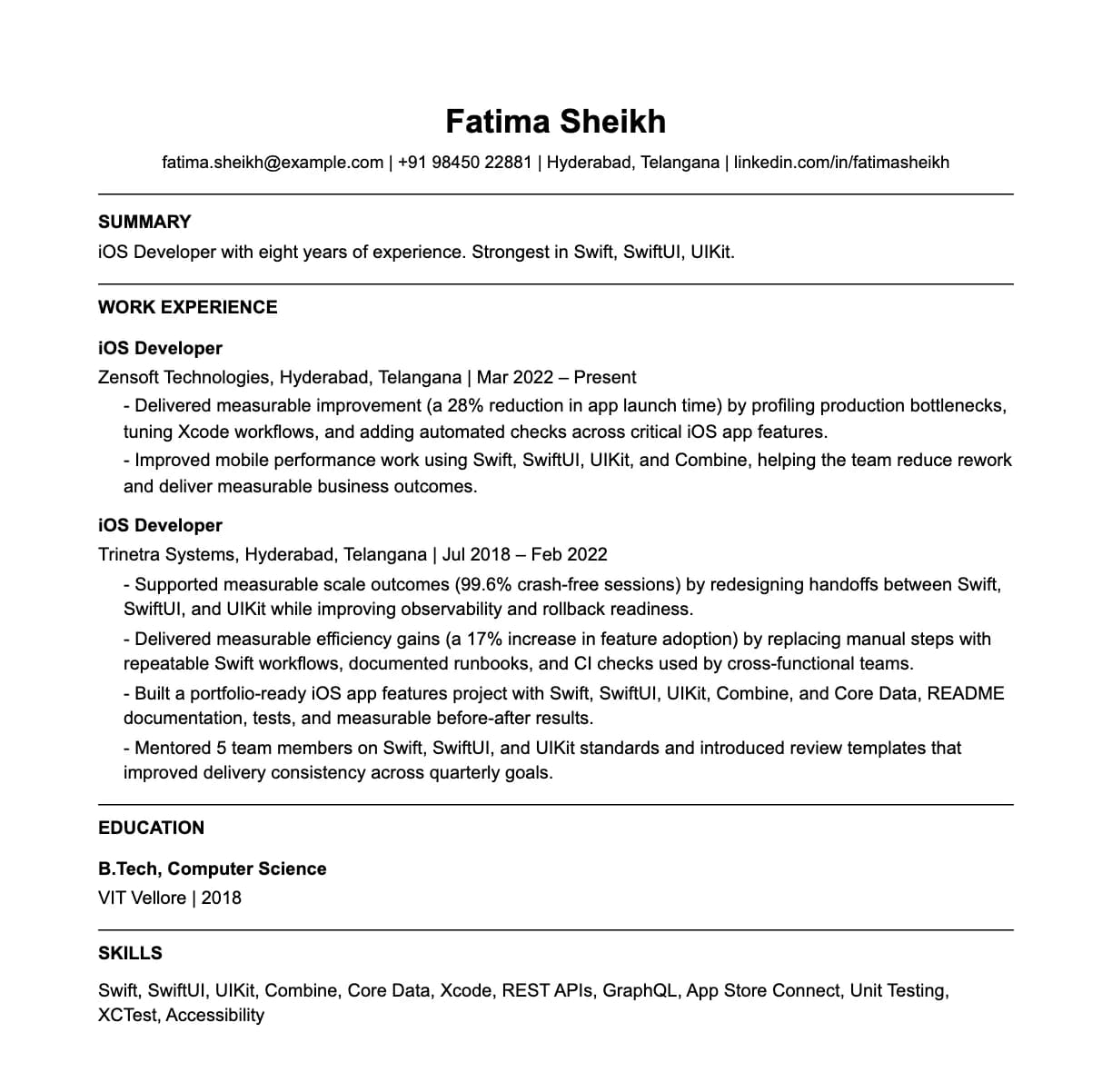 A complete one-page ios developer resume: contact line, summary, two roles with quantified achievements, education and a skills list.
