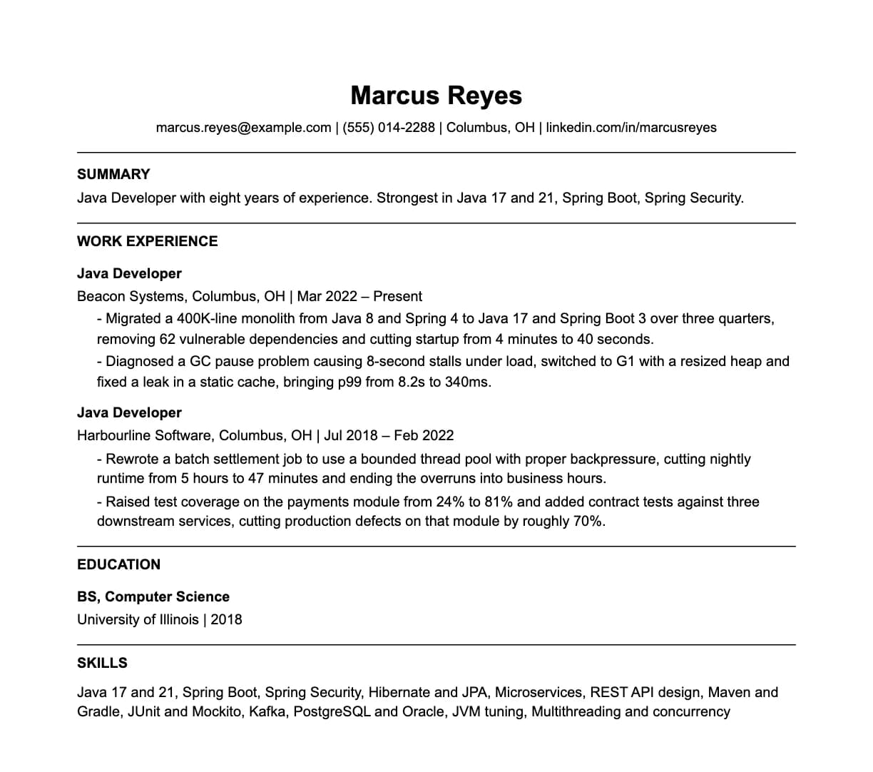 A complete one-page java developer resume: contact line, summary, two roles with quantified achievements, education and a skills list.