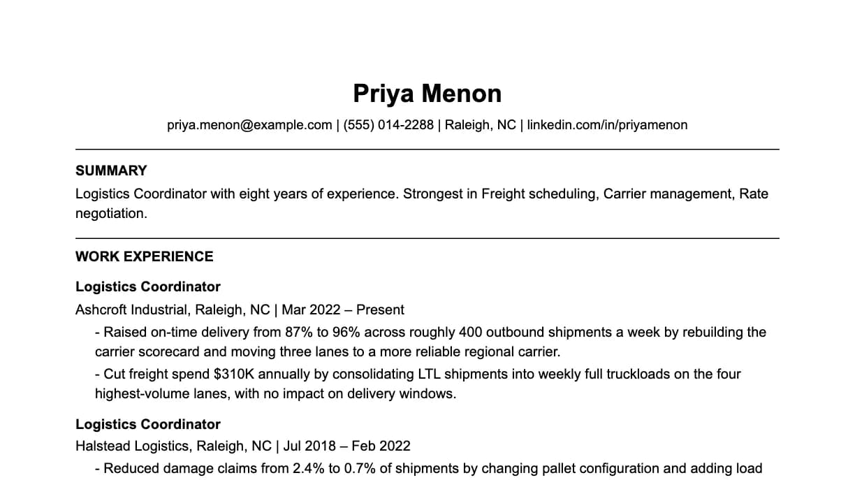 The top of a logistics coordinator resume: contact details, a two-line summary, and the first role with two quantified achievements.